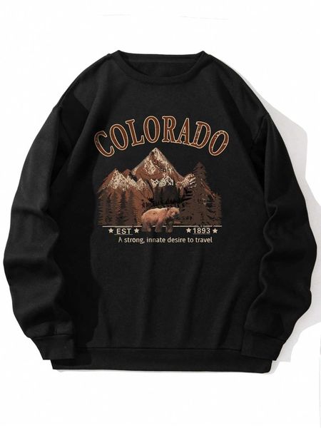 

men 's fashion men mountain slogan graphic lined sweatshirt, White;black