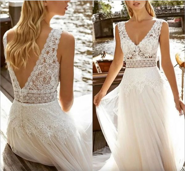

beach boho wedding dress sweep train a-line sleeveless v neck lace appliques 2023 bridal gowns robe de mariee, White
