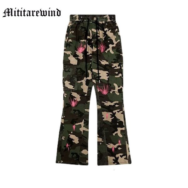 

men s pants hip hop slacked pleated camouflage splash ink micro flare men high street loose baggy wide leg jeans straight trousers 230721, Black