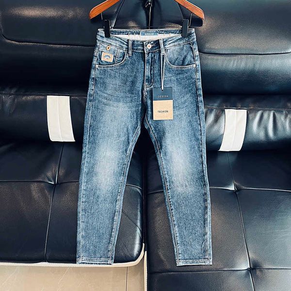 

blue jeans men's 2023 summer korean trendy brand fashion casual print design small leg cropped pants