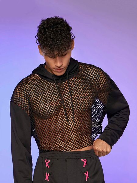 

men 's fashion fever city men fishnet insert drawstring crop hoodie, White;black