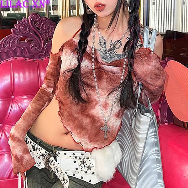 

women's t-shirt y2k backless off-shoulder halter t-shirt aesthetic printed long sleeve lace-up crop women summer tees streetwear 23072, White