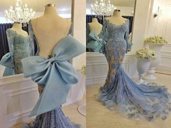 

african lace prom dresses mermaid style sheer neckline jewel backless long sleeves evening dress long big bow celebrity party1444496, Black