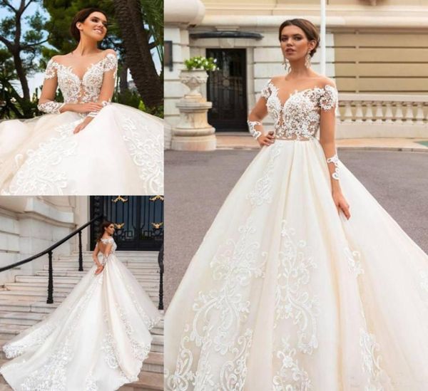 

lace applique wedding gowns open back long sleeve bridal dress a line court train plus size wedding dresses6515198, White
