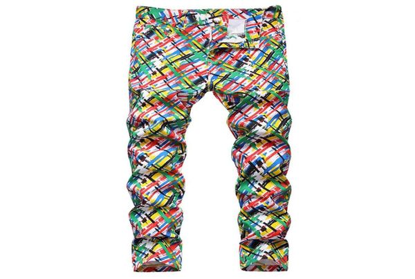

2022 colorful printing men039s jeans european and american style slim fashion personality microelastic casual pants8983880, Blue