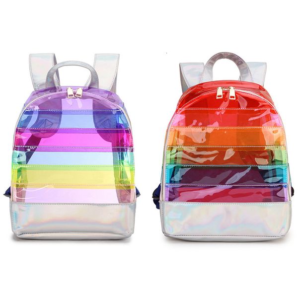 

school bags backpack colorful stripes plastic transparent bag ladies travel 230721