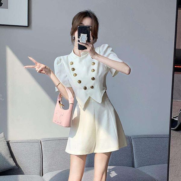 

suit summer stand collar dresses double breasted high waist skirt two piece set for women, White