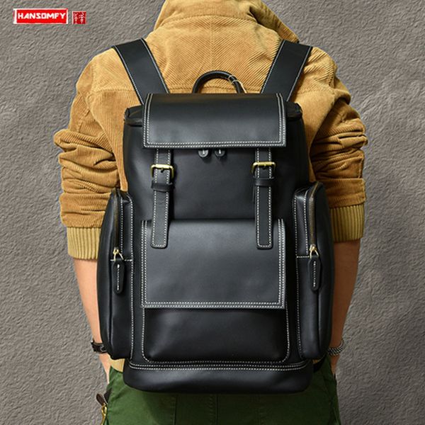 

school bags retro british black leather men backpack 17 inch lapbag trendy everyday style largecapacity travel backpacks schoolbags 230721