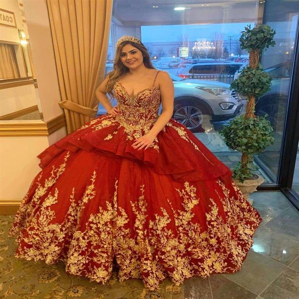 

dark red quinceanera dresses 2021 spaghetti straps with gold lace applique tiered tulle skirt custom made sweet 16 prom party ball288t, Blue;red