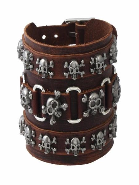

men039s trendy alloy skulls beaded bracelets punk rock jewelry plb076 multicolor leather woven hip hop accessory61559752639961, Golden;silver