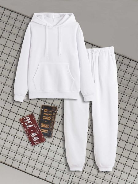 

men's clothing men kangaroo pocket drawstring hoodie sweatpants, White;black