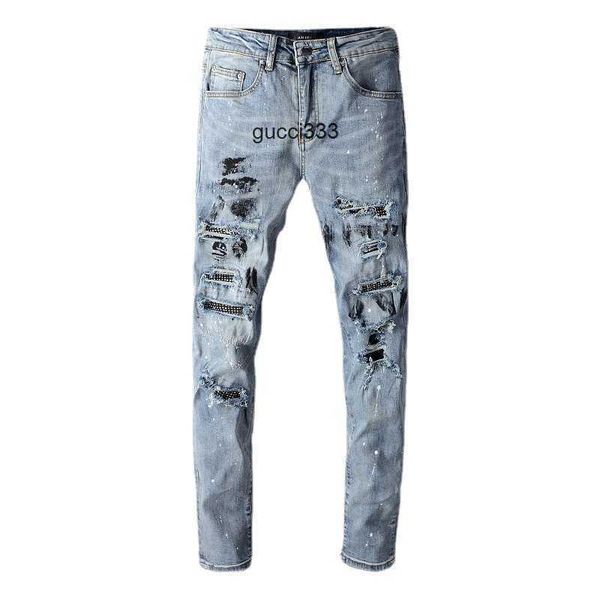 

jeans light holes mens amirly fashion designer jean 626 color diamond jeans with brand ins jeans high street fashion brand splash-ink patch, Blue