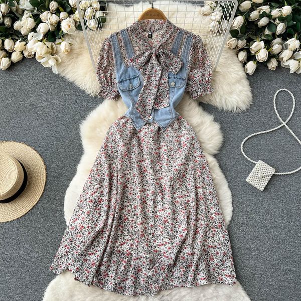 

basic casual dresses new summer beach denim patchwork chiffon flower dress women's bow collar short sleeve floral print belt lace up mi, Black;gray