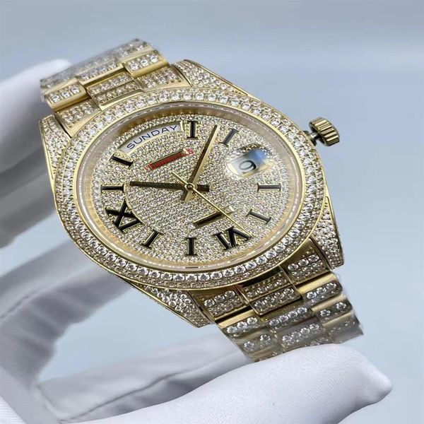 

full diamond men's 41mm fashion watch automatic mechanical movement double calendar diamond wristwatch montre de luxe220o, Slivery;brown