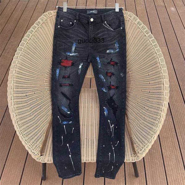 

pants ripped diamond fashion amirly cool stylish leisure men's brand black paint graffiti jeans stretch high designer street women&#039, Blue