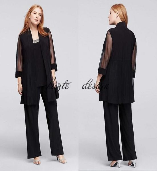 

3piece plus size pantsuit with beaded neckline black chiffon custom make mother of the bride groom pant suit4878695, Black;red