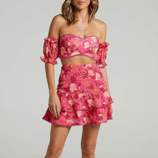 

women s dress print puff sleeve high waist skirt fashion casual set, White