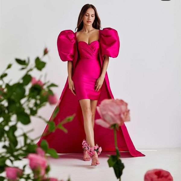 

elegant short fuchsia taffeta evening dresses with puff sleeves sheath sweetheart middle east above knee length formal party dress for women, Black;red