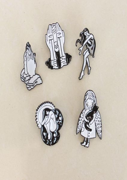 

new black white little girl with wings cat dancing girl brooch eyes bleeding enamel cartoon character pin denim clothes lapel pend2311363, Gray