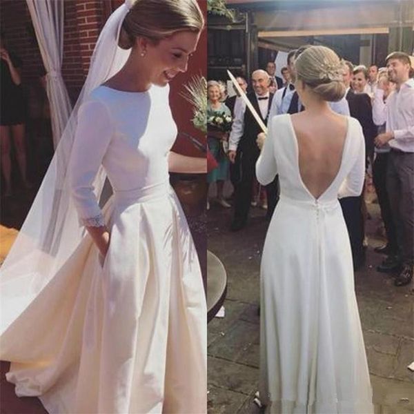 

simple wedding dresses romantic a line long sleeves open backless satin special occasion mopping section ivory white bridal 260j