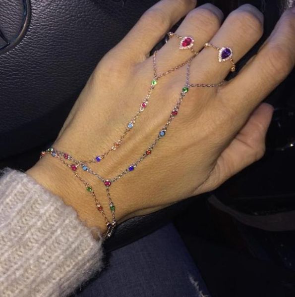 

2018 women slave bracelet with ring rose gold silver plated colorful bezel cz link chain hand jewelry behomia rainbow fashion brac6715541, Golden;silver