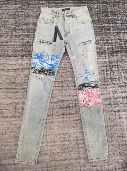 

falection mens 21ss amimike bandanna patch embroidered denim jeans blue 056815698