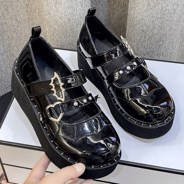 

dress shoes fashion buckle platform mary janes women round toe rivet punk gothic shoes ladies patent leather chunky bottom flats for woman 2, Black