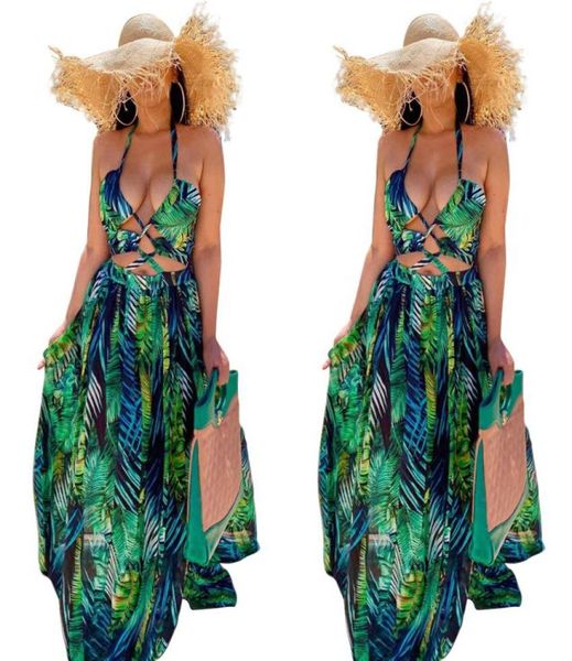 

green leaves printing women holidays dresses halter neck backless hollow out a line party gowns real image summer beach dress9483924, White;black