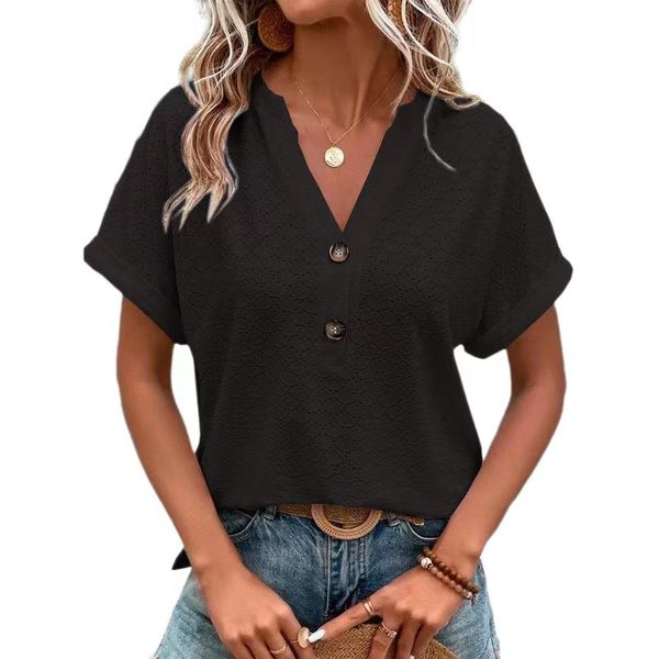 

women shirts v neck button short sleeve t-shirt casual tee blouses, White