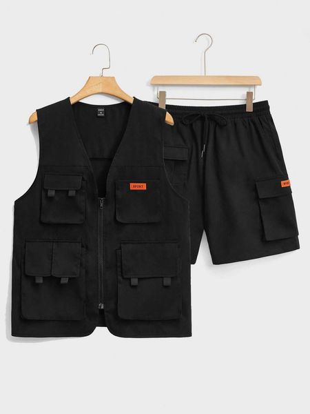 

men's clothing emrg men pocket vest jacket drawstring waist shorts, White;black