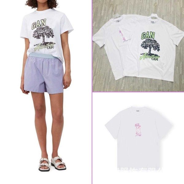 

2023 new niche trendy gann letter small tree print little bear round neck loose short sleeve t-shirt, White