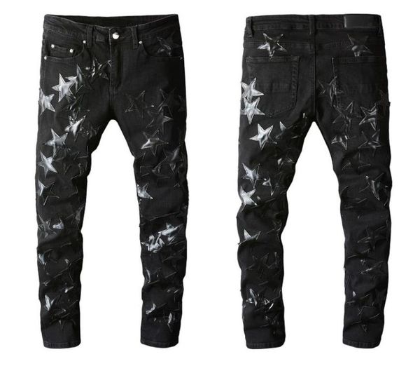 

mens distressed motorcycle biker jeans rock skinny slim hole stripe famous brand denim zipper ripped pants1532298, Blue