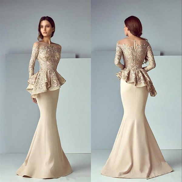 

champagne lace mermaid peplum long evening dress boat neck long sleeve dubai arabic dress prom gowns robe de soiree223y, Black;red