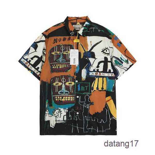 

2023 men's graffiti oversized casual short sleeve movie collection spotted pattern wacko maria hawaiian women silk shirt beach tees clo, White;black