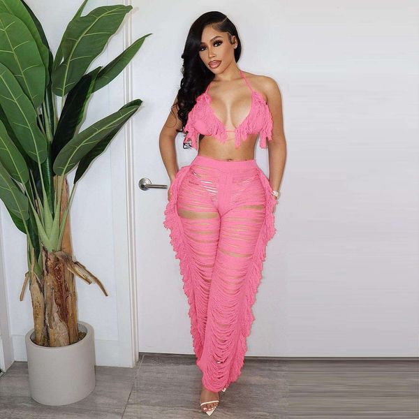 

source summer women s pant clothing tassel knitted trousers suit, White