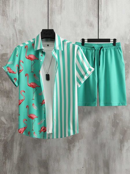 

men's clothing men striped flamingo shirt drawstring waist shorts, White;black