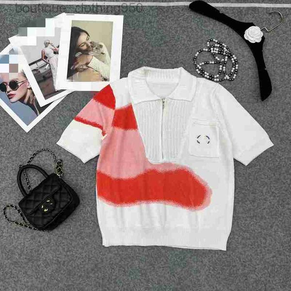 

23 summer luxury womens knits tees new fashion high grade red blue contrast back digital jacquard half zip polo knit top, White