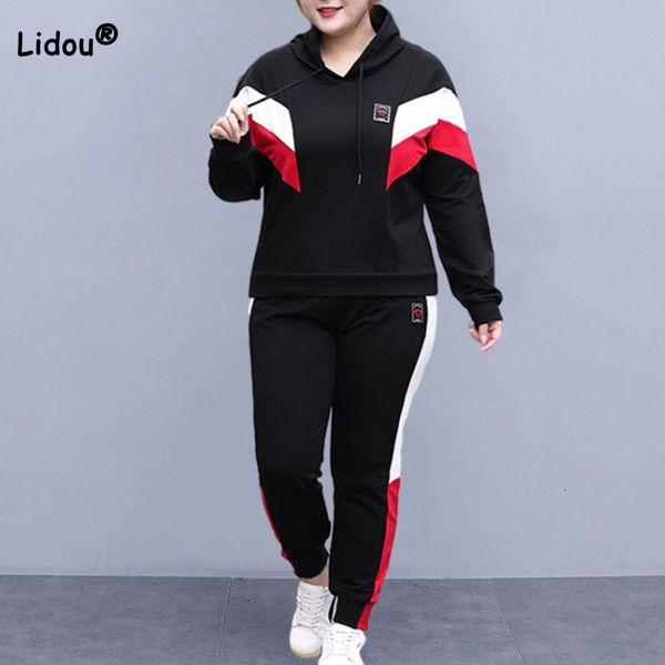 

women's plus size tracksuits fashion hooded contrast color drawstring long sleeve elastic waist label loose pants casual sports two pie, Black