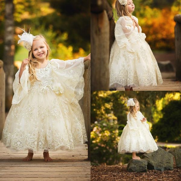 

2019 cute flower girl dresses jewel neck long bell sleeves a line ankle length girls birthday party gowns custom lace kids formal 2549, White;blue