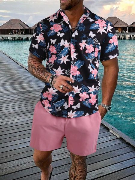 

men's clothing men floral shirt drawstring waist shorts, White;black