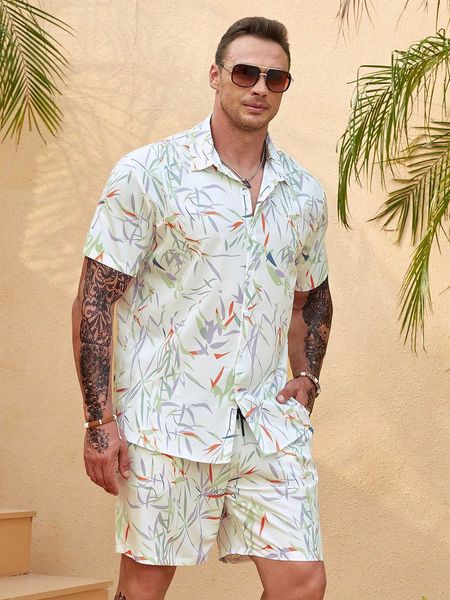 

men's clothing men allover shirt drawstring waist shorts, White;black