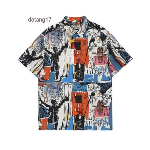 

2023 men's graffiti oversized casual short sleeve movie collection spotted pattern wacko maria hawaiian women silk shirt beach tees clo, White;black
