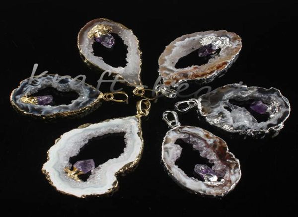 

whole 10pcs charm silvergold plated natural durzy agate geode crystal with amethyst stone random shape pendant jewelry fit ne5569450, Silver