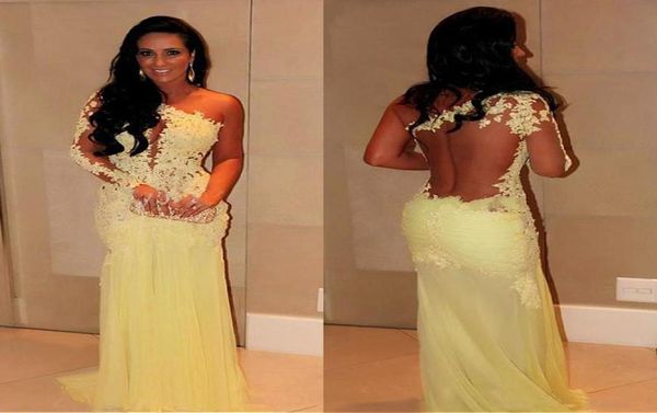 

elegant tulle chiffon oneshoulder sheath evening dresses with lace appliques see through long sleeves one shoulder yellow prom dr1260783, Black