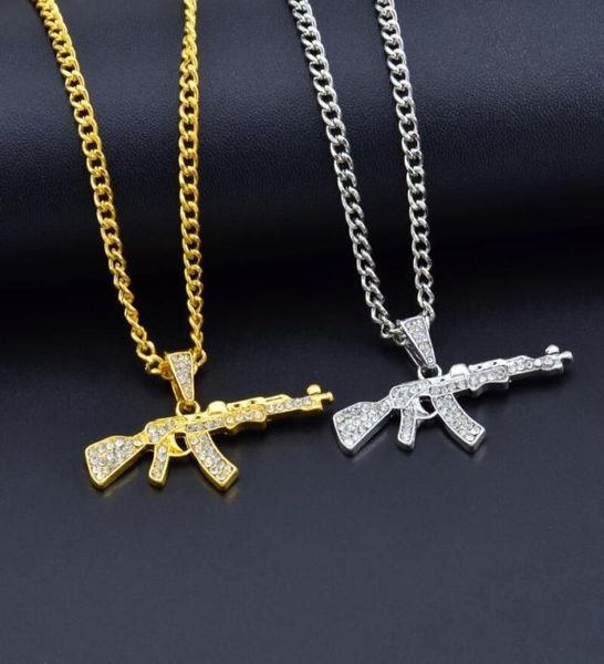 

alloy ak47 gun pendant necklace iced out rhinestone with hip hop miami cuban chain gold silver color men women jewelry3592507