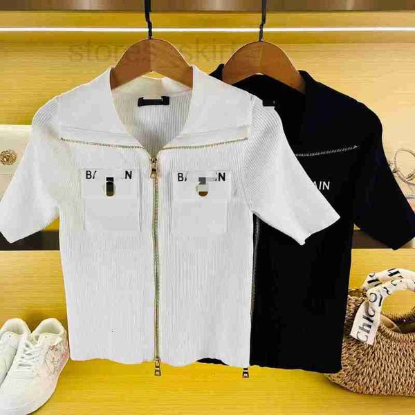 

women's t-shirt designer high edition new versatile foreign style slim fit knitted cardigan two color letter pocket zipper short sleeve, White