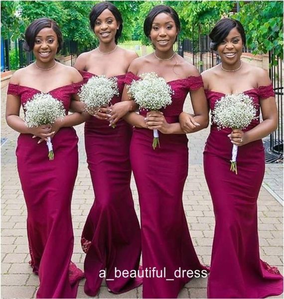 

burgundy mermaid bridesmaid dresses off shoulder sweep train lace country wedding guest gowns maid of honor dress 9118252, White;pink