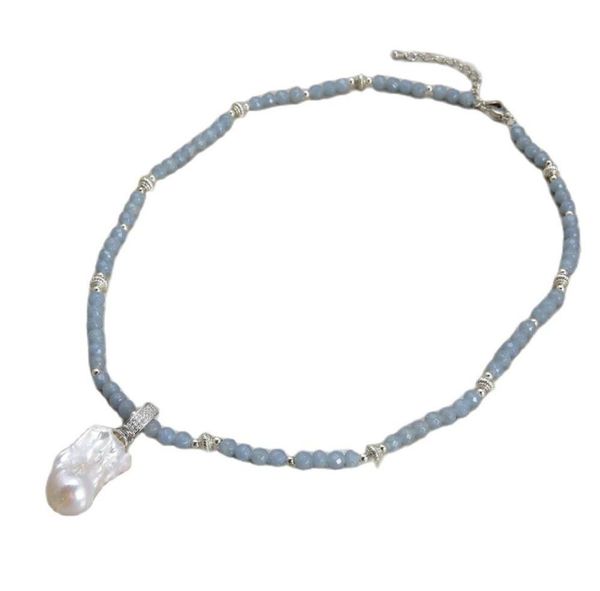 

guaiguai jewelry natural 6mm blue angelite necklace cultured white keshi pearl pendant for women real gems stone lady fashion jewe6024477, Silver