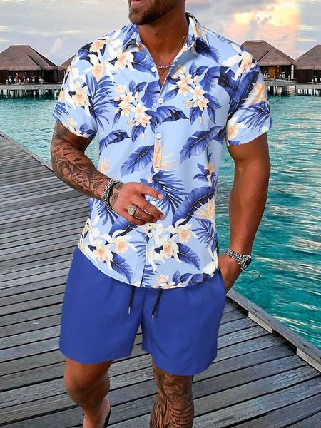 

men's clothing men tropical shirt drawstring waist shorts set, White;black