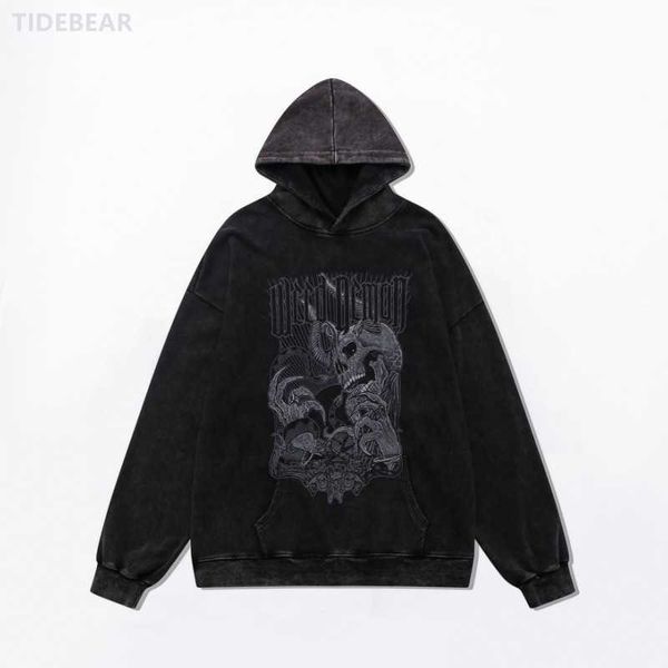 

chaoshen fried snowflake casual hoodie skull old printed loose high street cotton hoodie male, Black